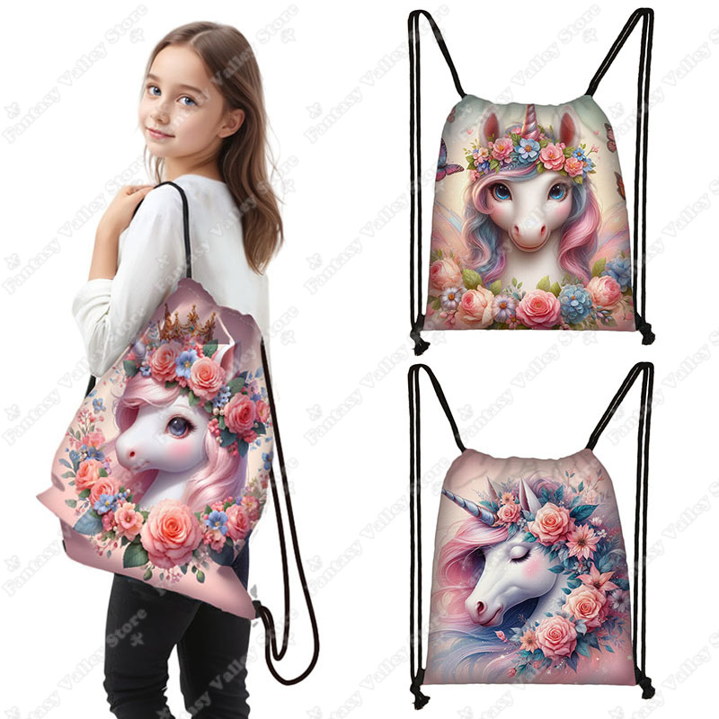 Embroidery Unicorn - Cute Unicorn Flower Print Drawstring Bag