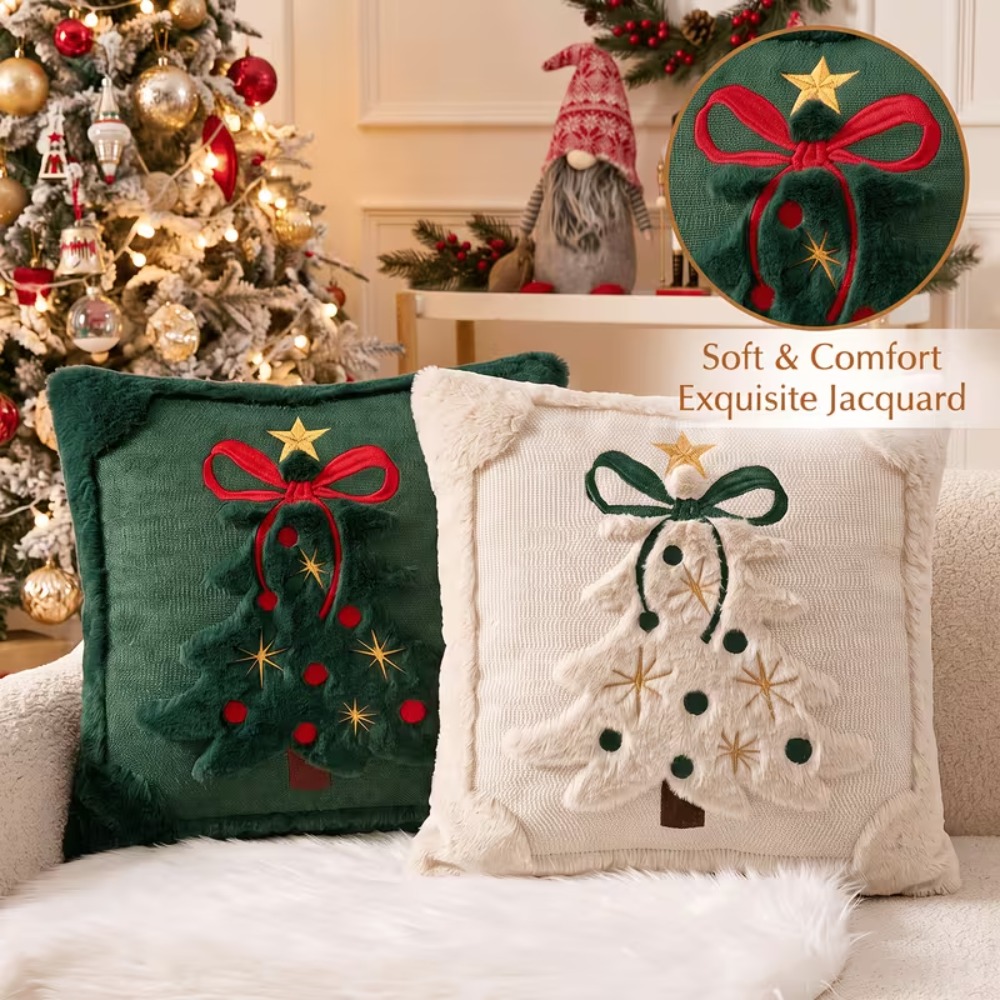 Embroidery Xmas Tree - Christmas Tree Throw Pillow Cover, Plush