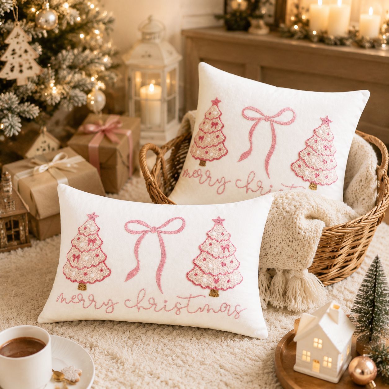 Embroidery Xmas Tree - Elegant Pink Christmas Throw Pillow Covers