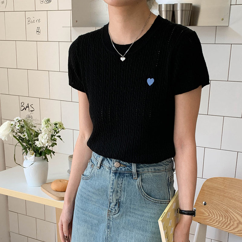 Women T-shirt Round Neck Short - Embroidery Design Love review and price