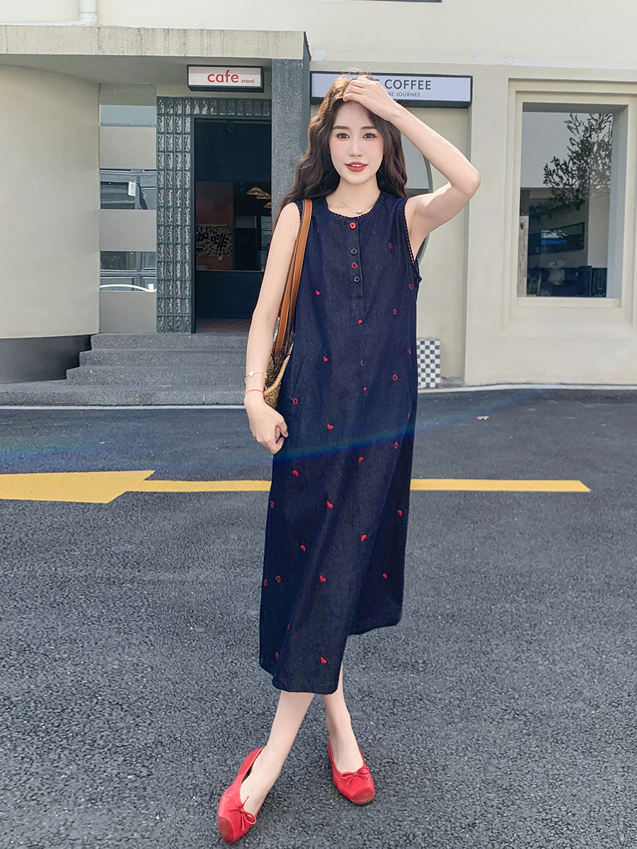 Retro Sleeveless Denim Dress W - Embroidery Design Love review and price